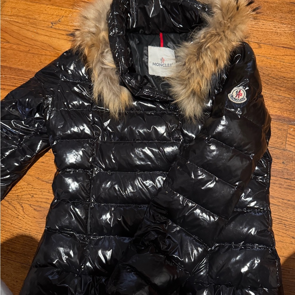 Moncler Shiny Black Jacket with Fur Collar